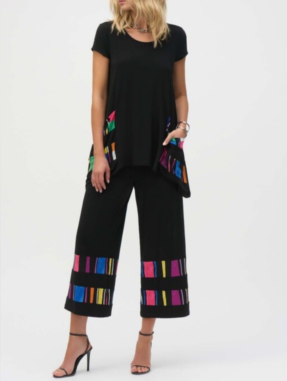 Joseph Ribkoff Black Tunic Culotte Pant Set Multi-color Accents 2 Pieces
